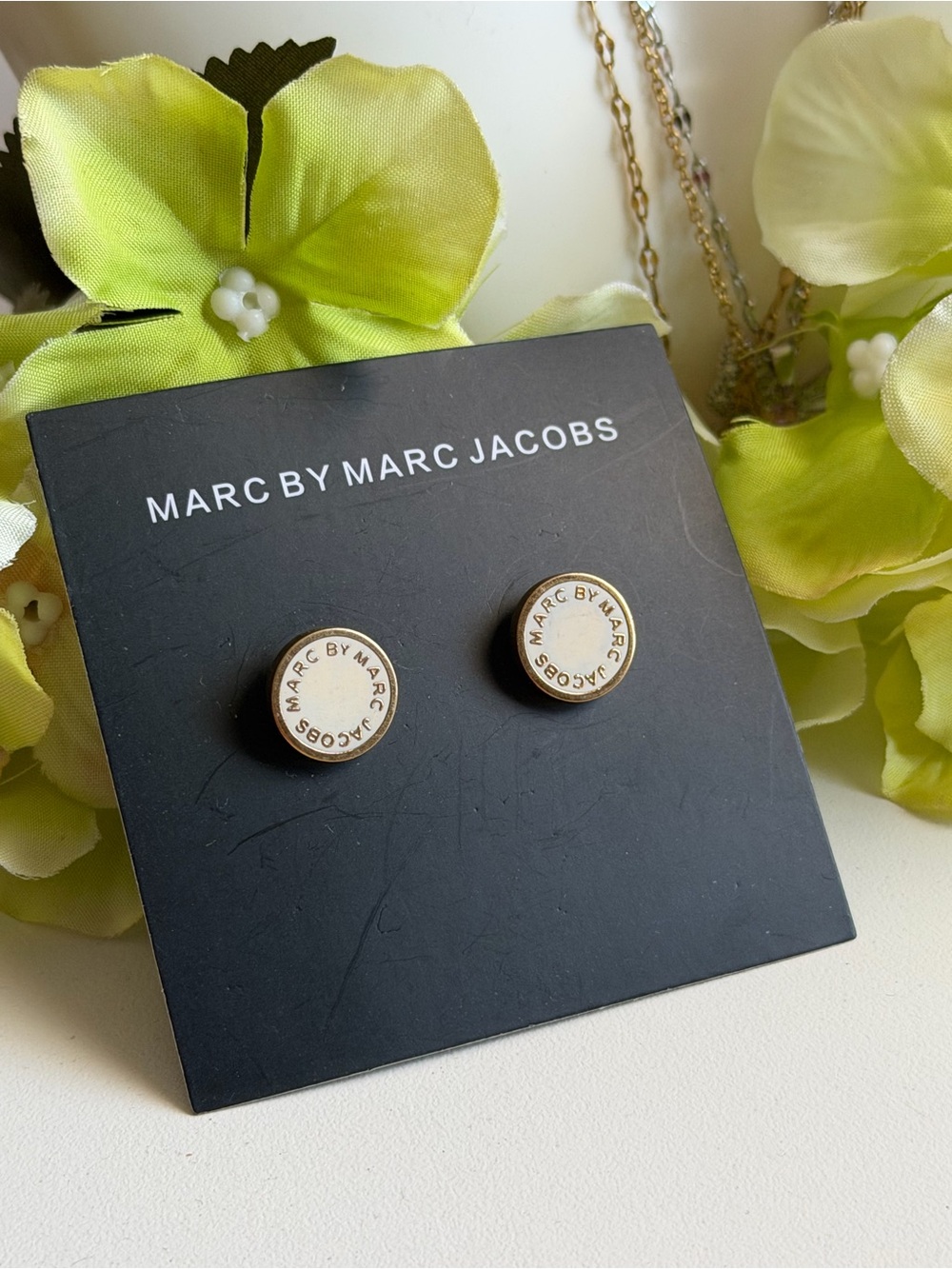 Marc by Marc Jacobs Beige and Gold Logo Disc Stud Earrings
